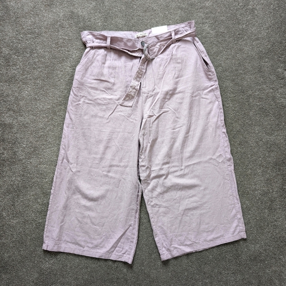 Simon Chang pink linen pants with floral embroidered belt size 14